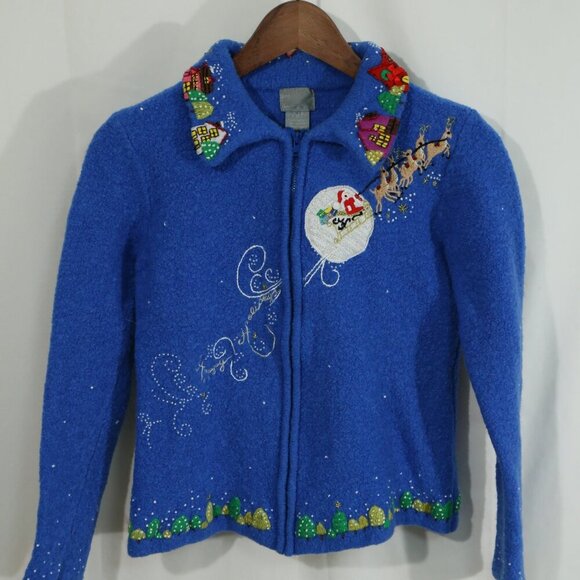 Kids Christmas Sweater Cardigan Blue Beaded Santa Reindeer Holiday Village Small - Picture 1 of 7